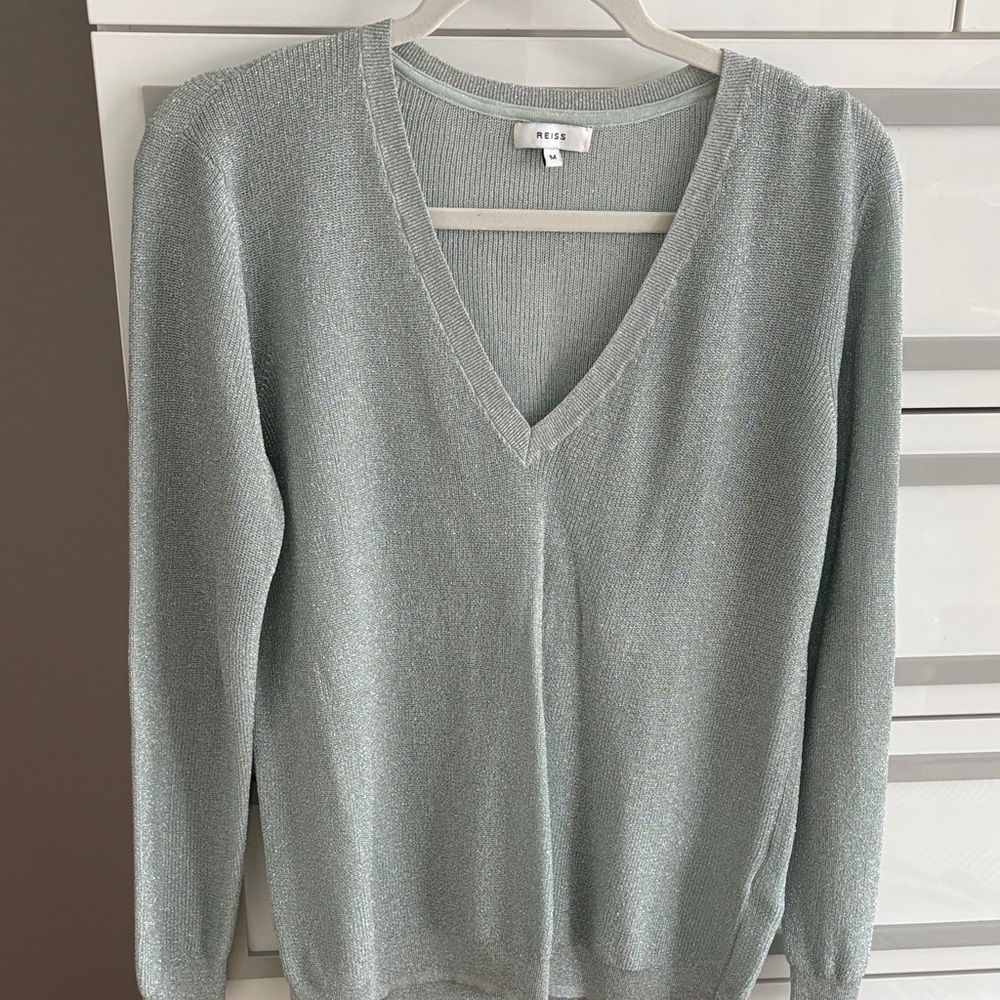 Reiss Women's Sage Green V-Neck Shimmer Sweater